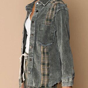 POL Small Mixed Media Flannel Corduroy Shacket Jacket Shirt Women Distressed Lag